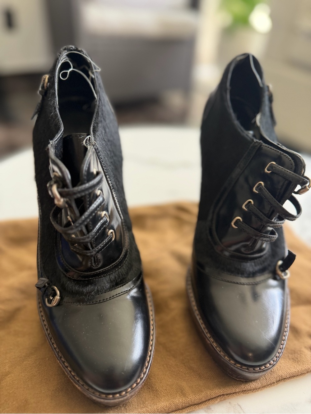 Gucci Black Leather & Suede Lace-Up Ankle Boots